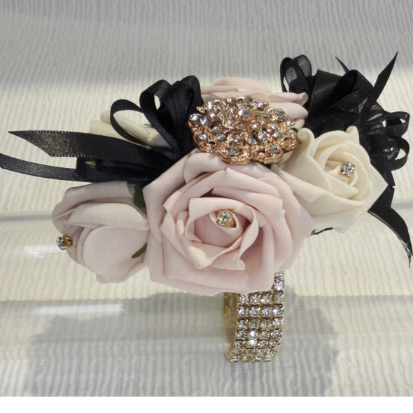 Blush, Nude & Black Wrist Corsage with Gold Diamante